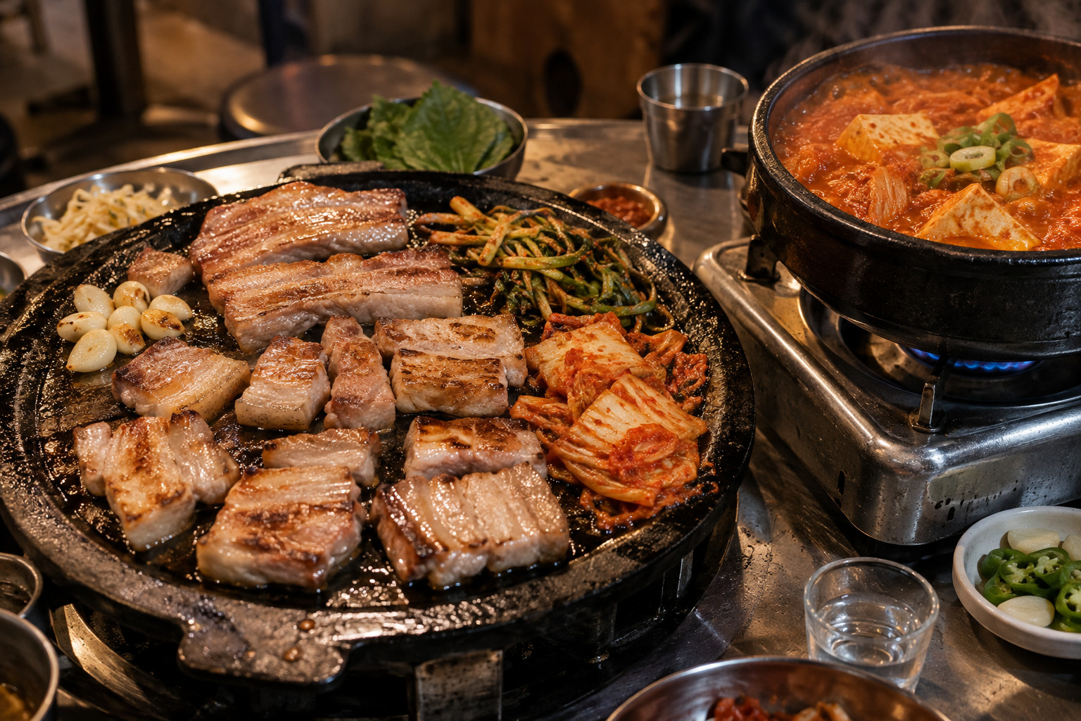 삼겹살과 김치찌개를 함께 먹는 을지로 저녁 한 상
