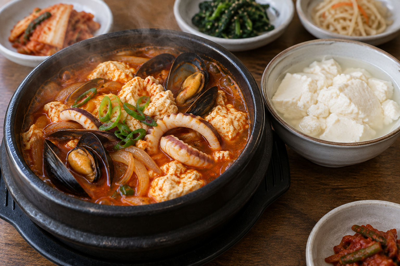 붉은 짬뽕순두부와 흰 초두부, 소박한 반찬을 차린 강릉식 가족 한 상