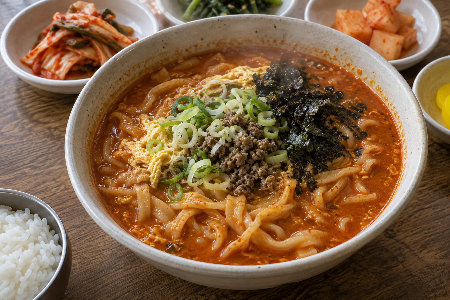 달걀과 김가루를 올린 걸쭉한 강릉식 장칼국수 한 그릇