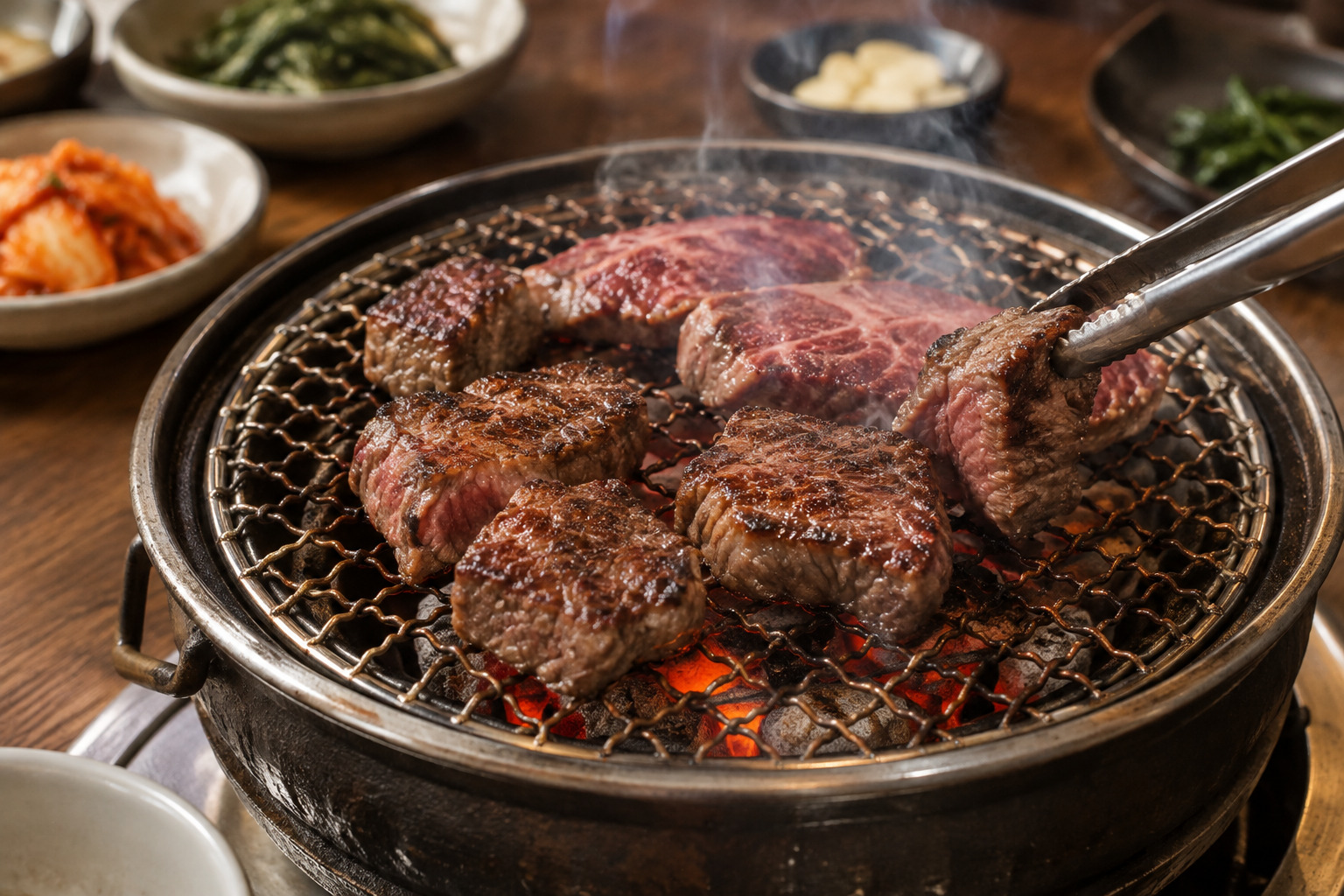숯불 화로에서 익고 있는 한우 안심과 등심