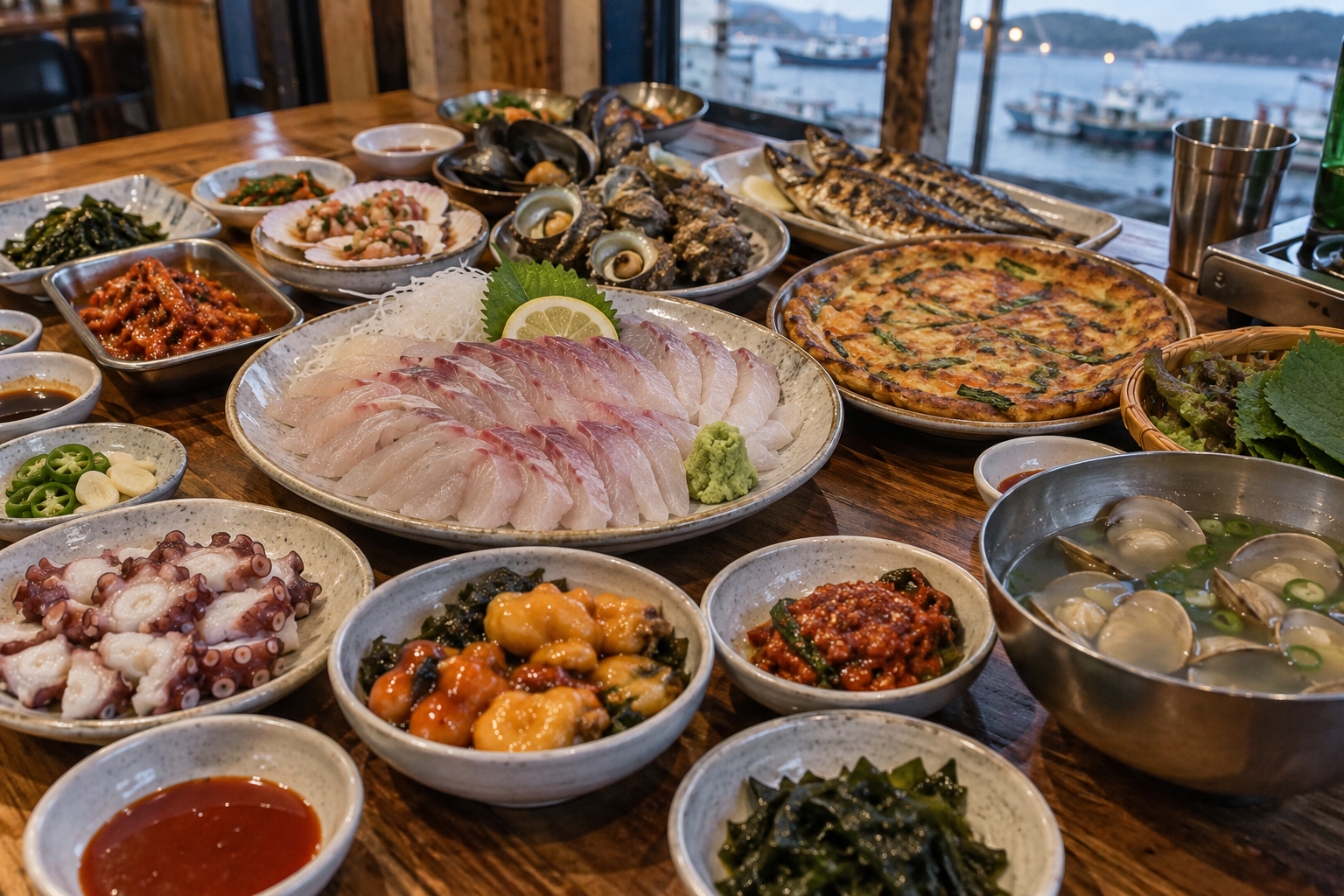 통영 제철 해산물이 여러 접시로 이어지는 다찌 한 상