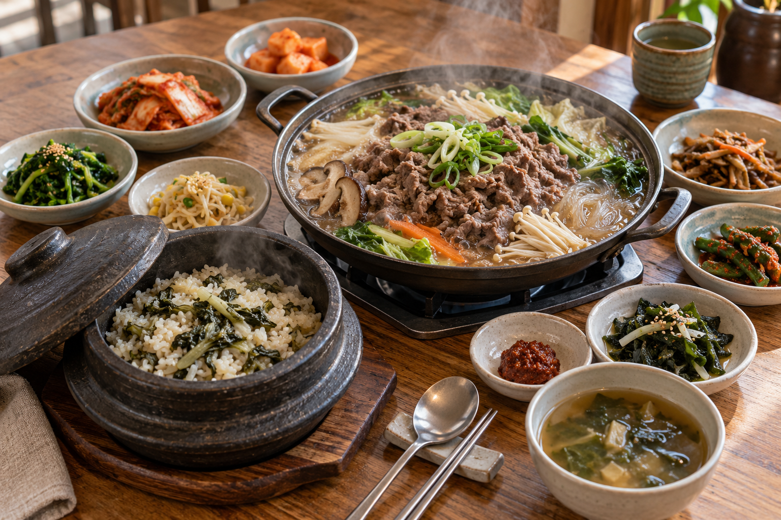 시래기밥과 불고기전골, 여러 한식 반찬이 놓인 부모님 가족 식사 한상