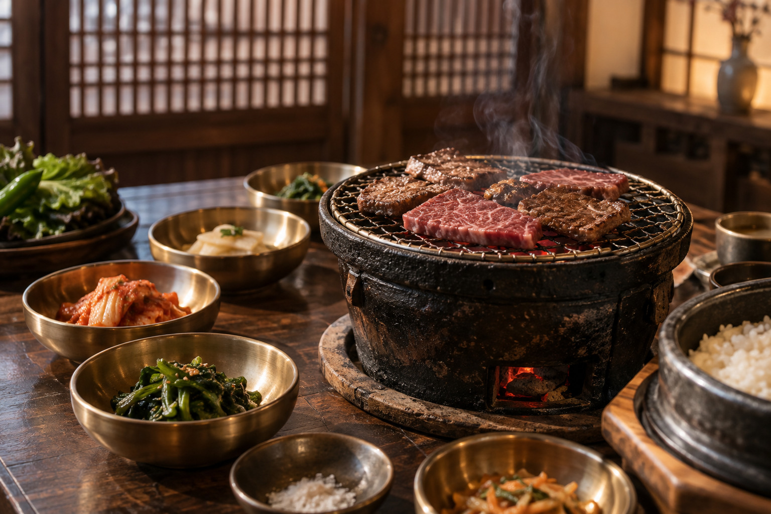 한옥 분위기의 식탁에 차려진 숯불 한우 구이와 한식 반찬