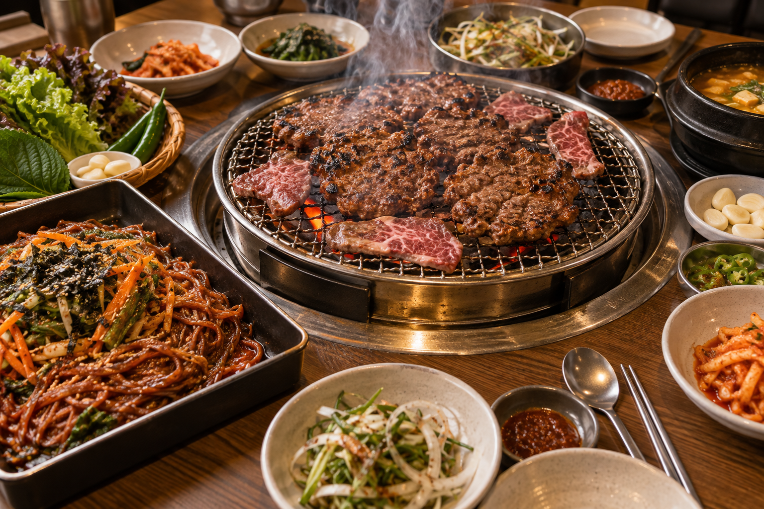석쇠 언양불고기와 족발, 쟁반국수와 반찬을 차린 울산 삼산동 회식 식탁